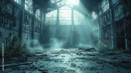 Sunlit abandoned factory interior