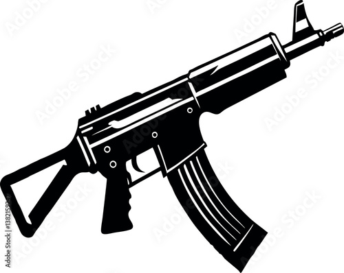Black and White Illustration of an vector silhouette Assault Rifle Weapon Military Arms Firearm