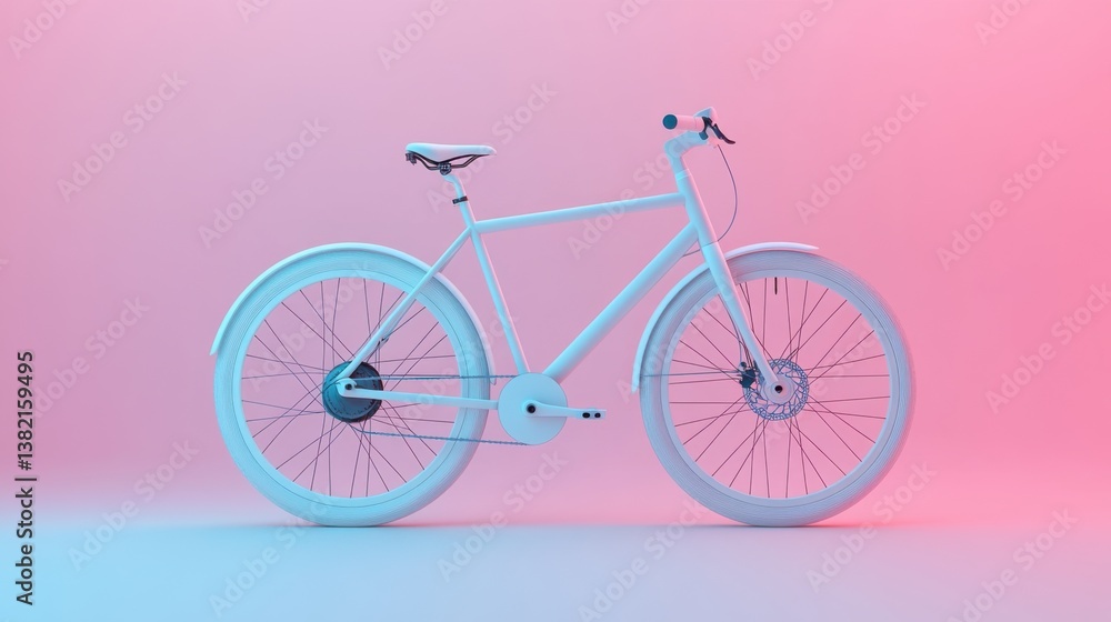 A modern, minimalist bicycle showcased against a vibrant pink and blue gradient background, emphasizing design and style. A modern, minimalist bicycle showcased against a vibrant pink and blue gradient background, emphasizing design and style.