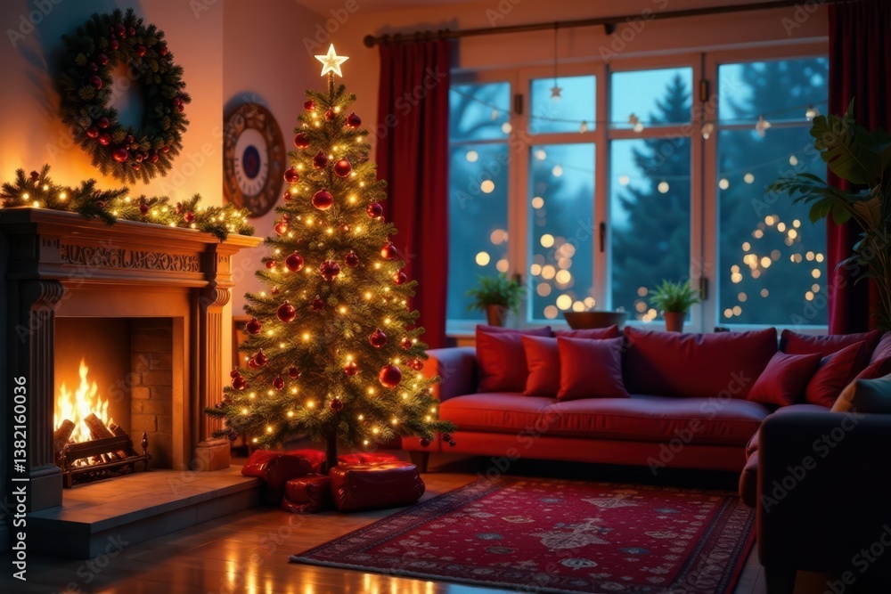 Christmas tree lit up in a cozy living room with decorated mantel and garland , fireplace, garland Christmas tree lit up in a cozy living room with decorated mantel and garland , fireplace, garland