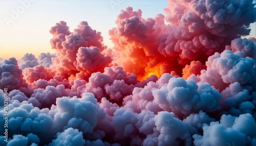Fluffy clouds bathed in warm light create a gradient of pink, white, and blue against the orange sky, evoking a serene and dreamy atmosphere.