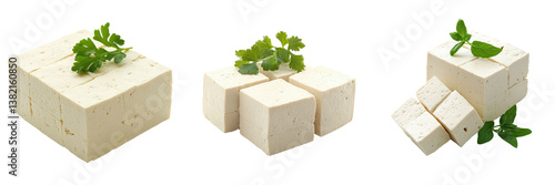 Fresh Organic Tofu Cubes Arranged with Green Herbs and Garnish