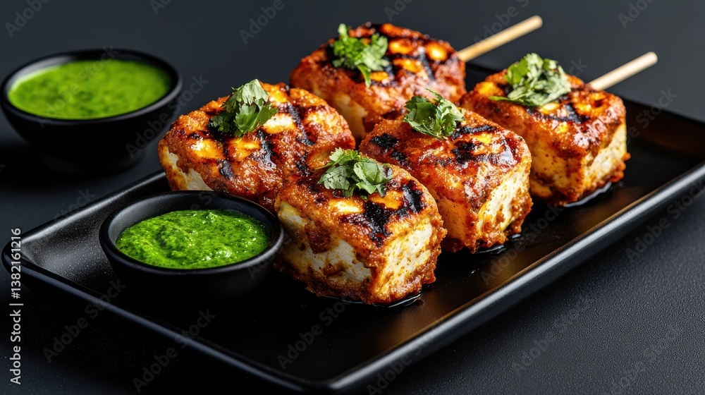 Elegant Black Plate with Gourmet Food Displayed on Black Tray in Style Elegant Black Plate with Gourmet Food Displayed on Black Tray in Style