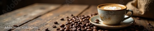 Coffee beans in a old wooden table surrounded by a espresso cup and saucer , wood, beans, home decor