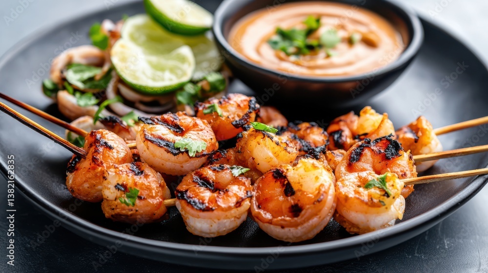Delicious Shrimp Skewers on Sticks Served with Flavorful Dipping Sauce Delicious Shrimp Skewers on Sticks Served with Flavorful Dipping Sauce