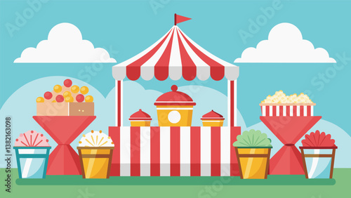 A carnivalinspired candy buffet with striped tents and popcorn boxes filled with all sorts of sweet confections.. Vector illustration