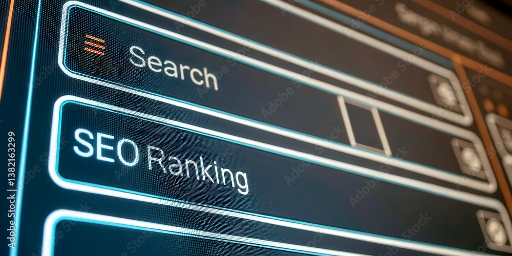 Obraz premium SEO keywords competition concept. Digital interface displaying search and SEO ranking options in a modern layout.