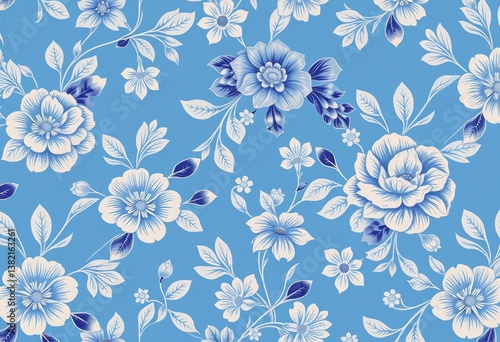 Elegant blue vintage floral seamless pattern with copy space, illustration, blossom