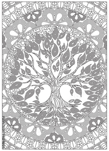 Tree of life coloring page for adult with mandala