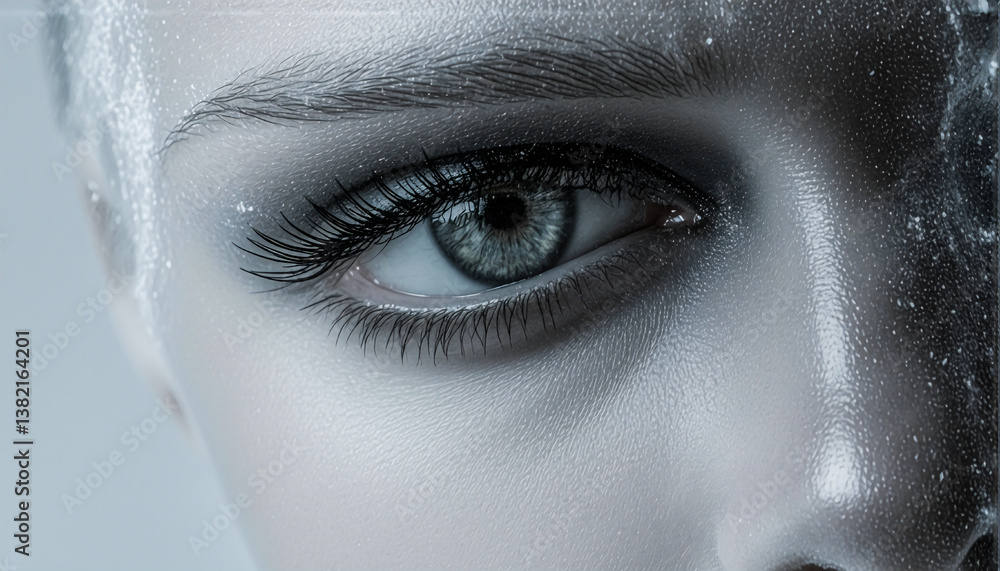 A detailed close-up of a single human eye with dark eyelashes. The surrounding skin has a textured, shimmering appearance in cool silver tones. A detailed close-up of a single human eye with dark eyelashes. The surrounding skin has a textured, shimmering appearance in cool silver tones.