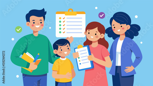 A family crowded around a school supply list ticking off each item as they go and trying to remember what the teacher asked for.. Vector illustration