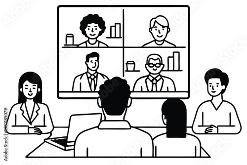 A diverse group of employees collaborating in a video conference call, engaging in business discussions with charts and graphs on the screen