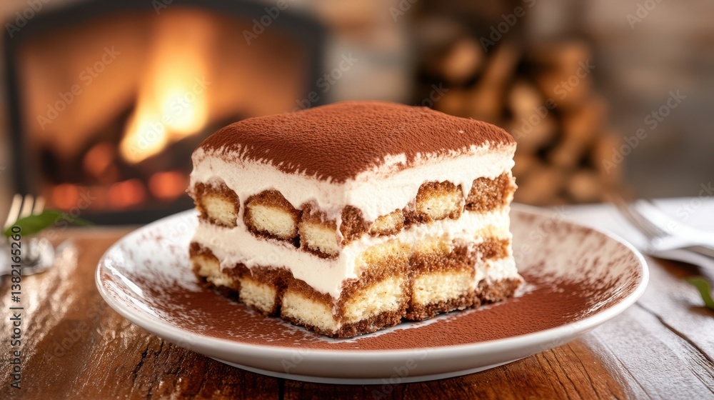 Delicious Slice of Cake on Plate with Warm Fire Creating Cozy Ambiance Delicious Slice of Cake on Plate with Warm Fire Creating Cozy Ambiance