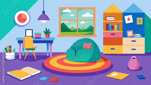 A colorful and playful setup in a childs bedroom featuring a bean bag chair a colorful rug and a small desk for completing homework.. Vector illustration