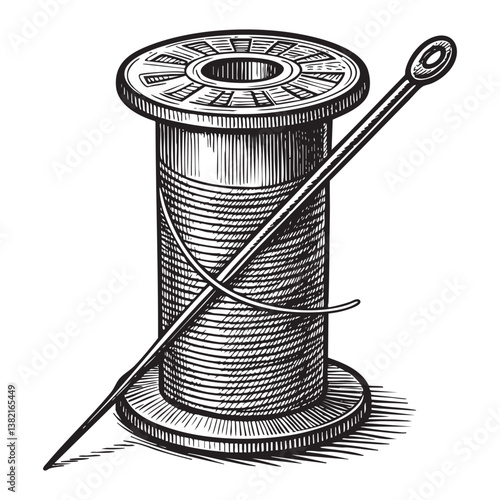 spool of threads and needle engraving vector illustration