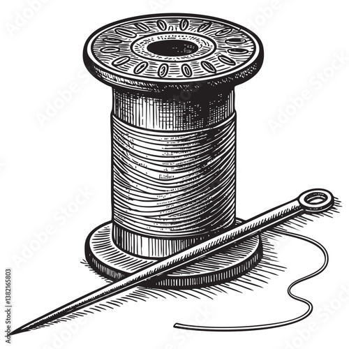 spool of threads and needle engraving vector illustration