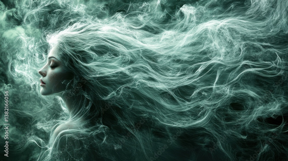Obraz premium A surreal, ethereal portrait of a woman with flowing hair, surrounded by wispy smoke, evoking a sense of tranquility and mystery.