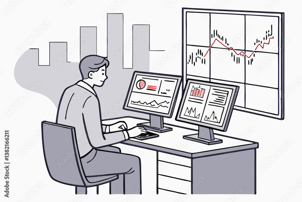 A financial expert conducting investment review and strategic analysis with a modern laptop and charts in a corporate environment A financial expert conducting investment review and strategic analysis with a modern laptop and charts in a corporate environment