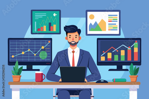 Financial planning session with a consultant assessing the growth of client portfolios with graphs, charts, and investment data