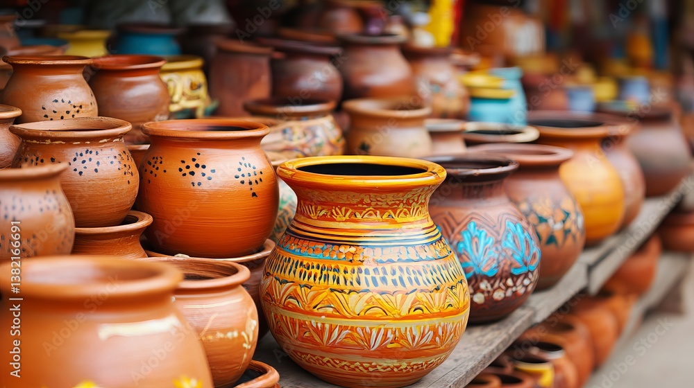 Handcrafted clay pots on display at outdoor artisan market, natural rustic pottery scene Handcrafted clay pots on display at outdoor artisan market, natural rustic pottery scene