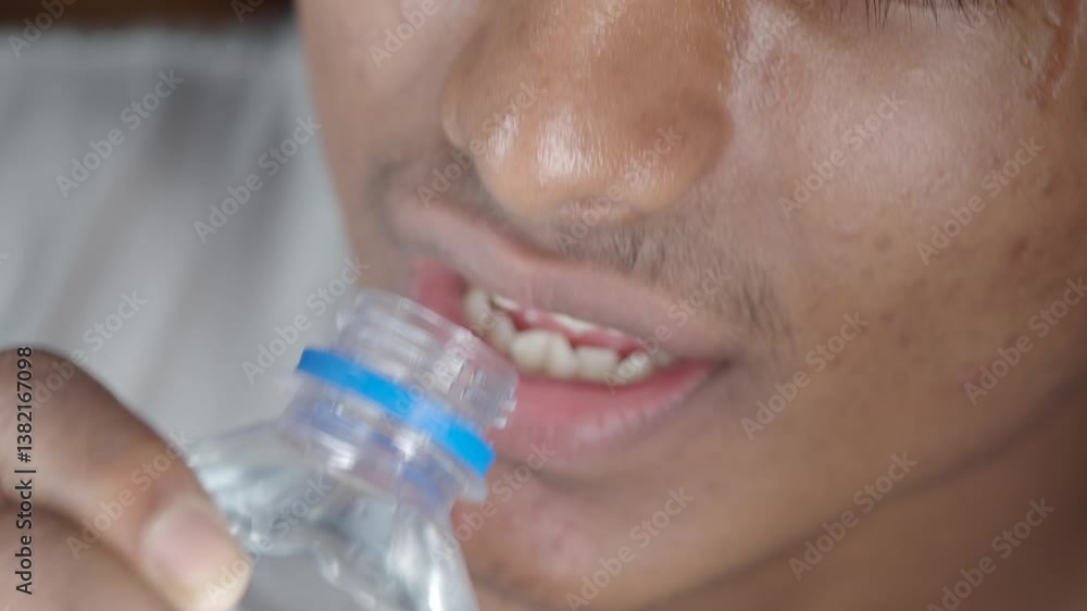 Young person takes refreshing drink from a plastic water bottle Young person takes refreshing drink from a plastic water bottle