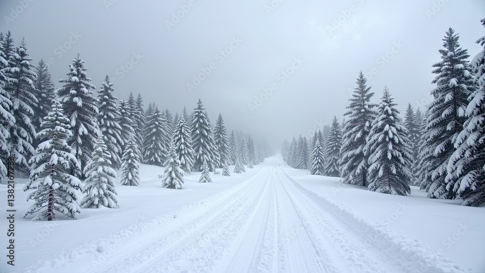 A snowy road in the forest A snowy road in the forest
