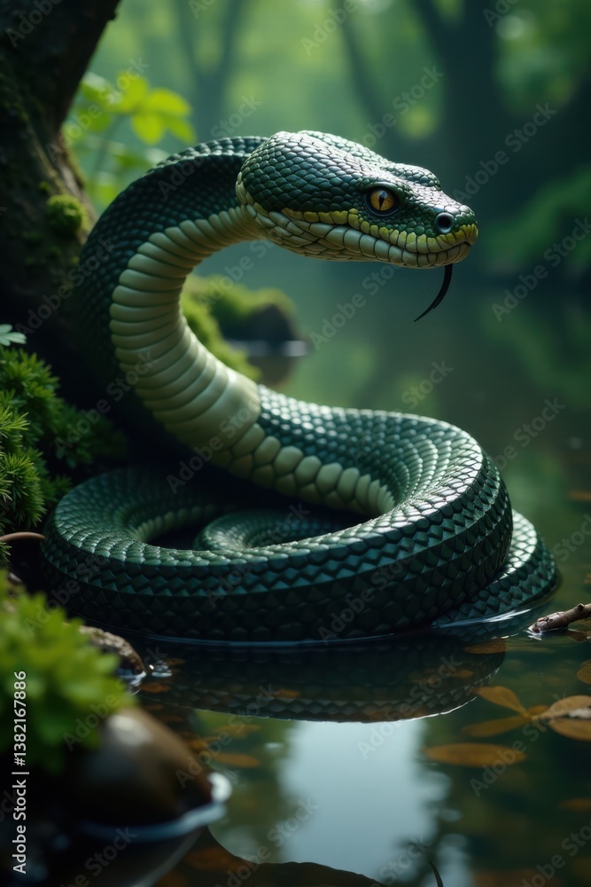 Fototapeta premium Colossal snake coiled in swamp , water, swamp