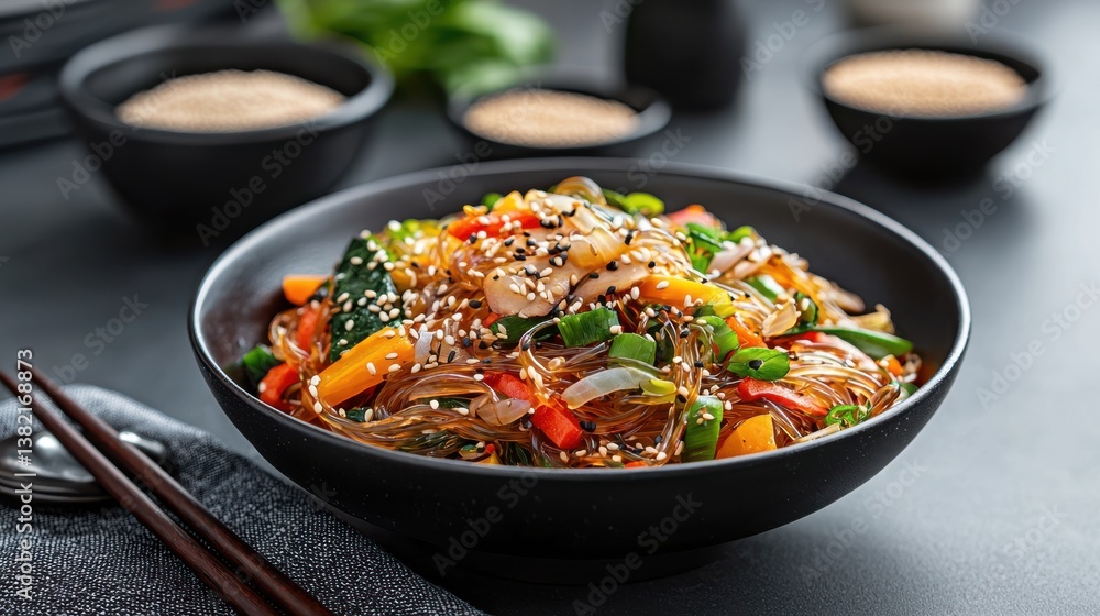 Delicious Bowl of Noodles with Tasty Chops and Fresh Vegetables Served Delicious Bowl of Noodles with Tasty Chops and Fresh Vegetables Served