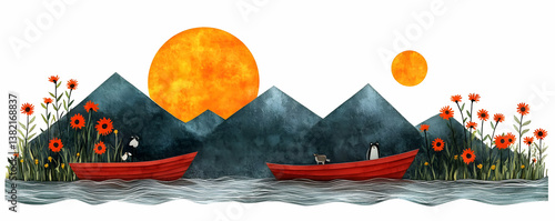 Serene Sunset Boat Illustration
