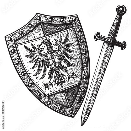 medieval knight shield and sword engraving vector illustration