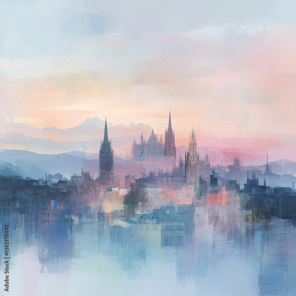 Fototapeta premium Soft Pastel Sunset Over Ancient Castle and Hills in the Background