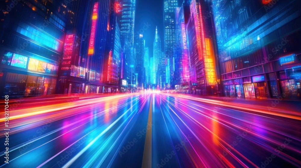 Obraz premium A vibrant cityscape at night, showcasing illuminated skyscrapers and colorful light trails from moving vehicles.