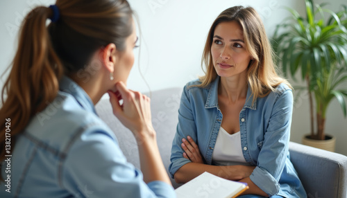 Wallpaper Mural Two women engage in serious conversation while sitting on a couch in a bright room with plants Torontodigital.ca