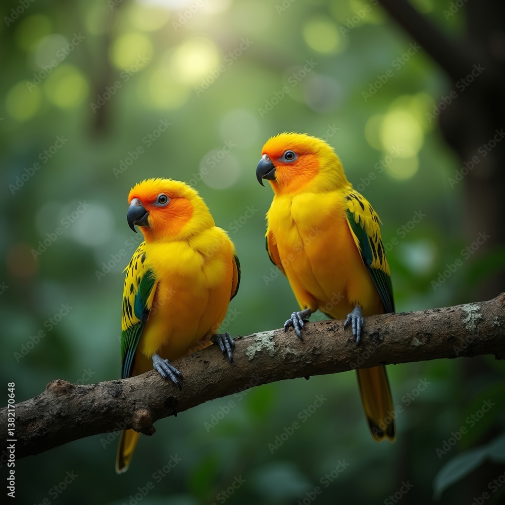 Fototapeta premium Two yellow and green parrots sitting on a tree branch