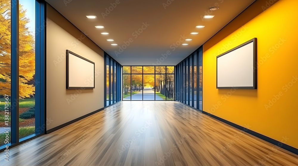 Obraz premium Autumnal office corridor with blank frames
