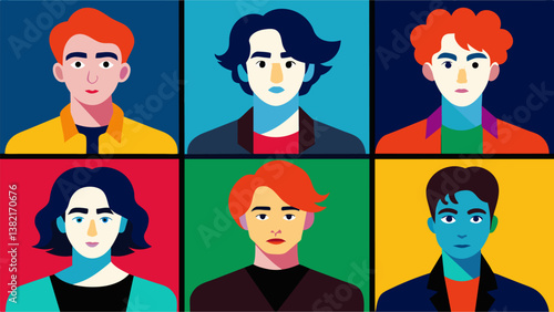 A collection of student selfportraits each one showing a different aspect of the artists personality and style.. Vector illustration