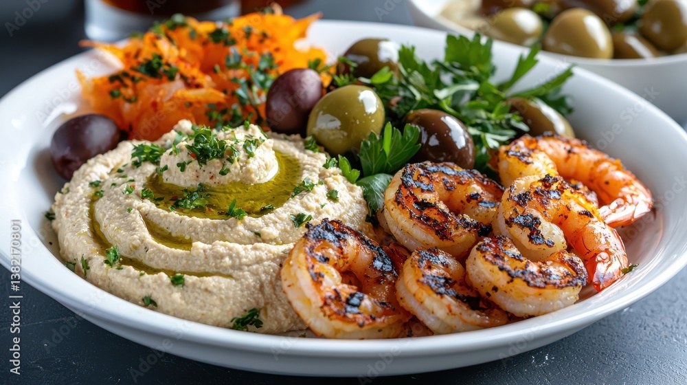 Delicious Plate of Shrimp with Olives and Hummus Showcasing Culinary Art Delicious Plate of Shrimp with Olives and Hummus Showcasing Culinary Art