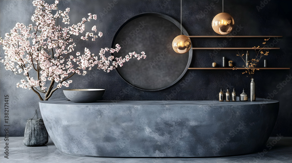 Naklejka premium Modern spa reception, dark decor, blossom tree