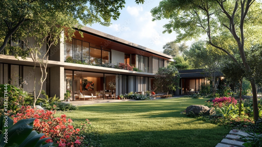 Fototapeta premium A stylish home with large open spaces, surrounded by a beautifully landscaped lawn with colorful flora.