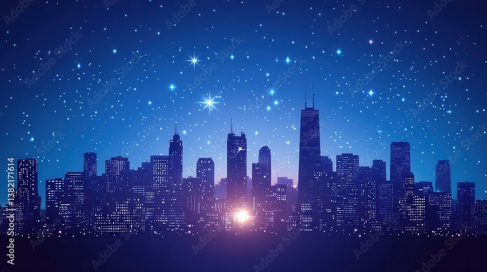 A stunning night skyline illuminated by stars, showcasing tall buildings against a deep blue backdrop. A stunning night skyline illuminated by stars, showcasing tall buildings against a deep blue backdrop.