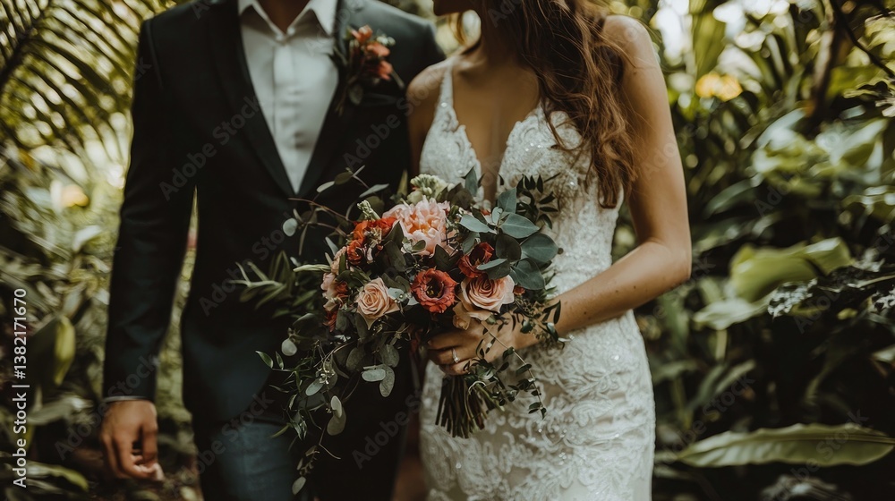 Beautiful bride and groom in wedding attire, holding a bouquet, walking through a garden, a romantic love concept