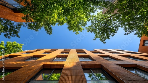 A modern apartment building with a warm wood facade is led amongst lush green trees against a vibrant blue sky.