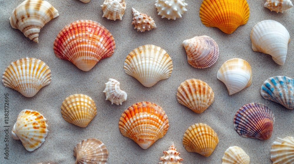 A colorful arrangement of various seashells scattered on sandy surface, showcasing unique patterns and textures. A colorful arrangement of various seashells scattered on sandy surface, showcasing unique patterns and textures.