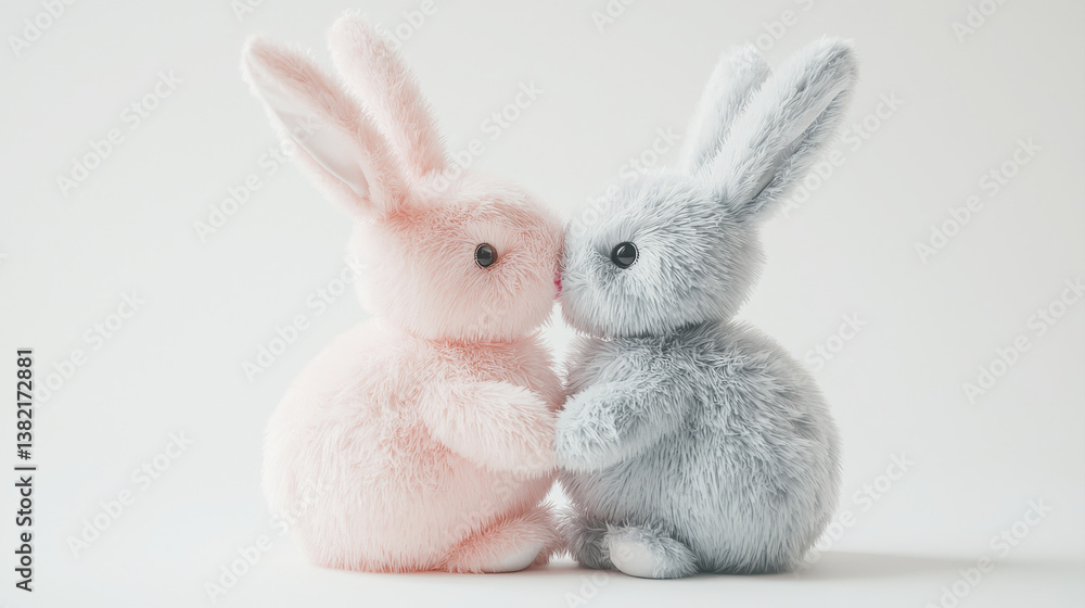 Fototapeta premium Cute plush bunnies in pastel colors, one pink and one gray, are snuggling together, creating dreamy and aesthetic atmosphere perfect for nursery
