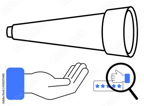 Telescope outlines exploration, open hand suggests support, magnifying lens zooms on five-star rating for quality assessment. Ideal for vision, feedback, customer satisfaction, observation, strategy