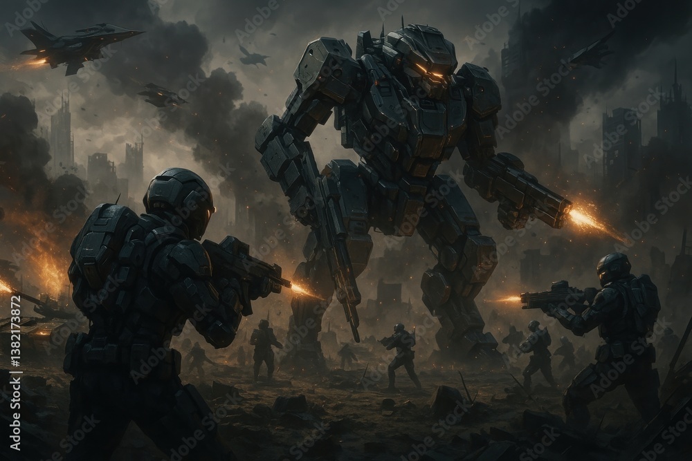 Futuristic battle with giant robots. Futuristic battle with giant robots.