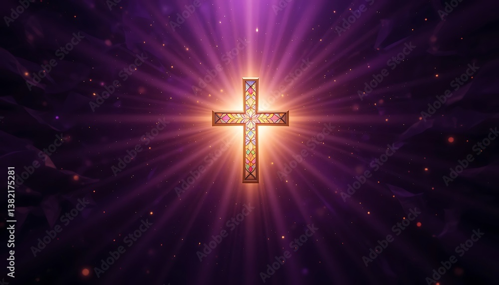 Radiant Christian Cross Illuminating Purple Background with Light Rays Radiant Christian Cross Illuminating Purple Background with Light Rays