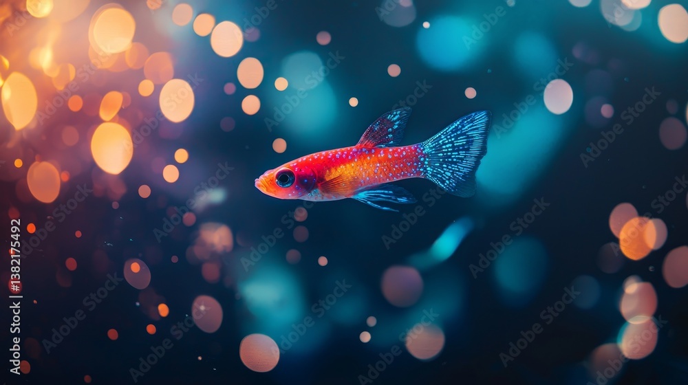Obraz premium A vibrant red and blue fish, swimming gracefully through crystal-clear water, surrounded by softly glowing bioluminescent particles