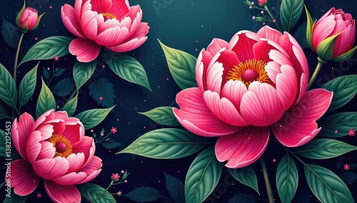 Bold peony blossoms, vibrant foliage Infinite floral textile design , background, pattern, bloom