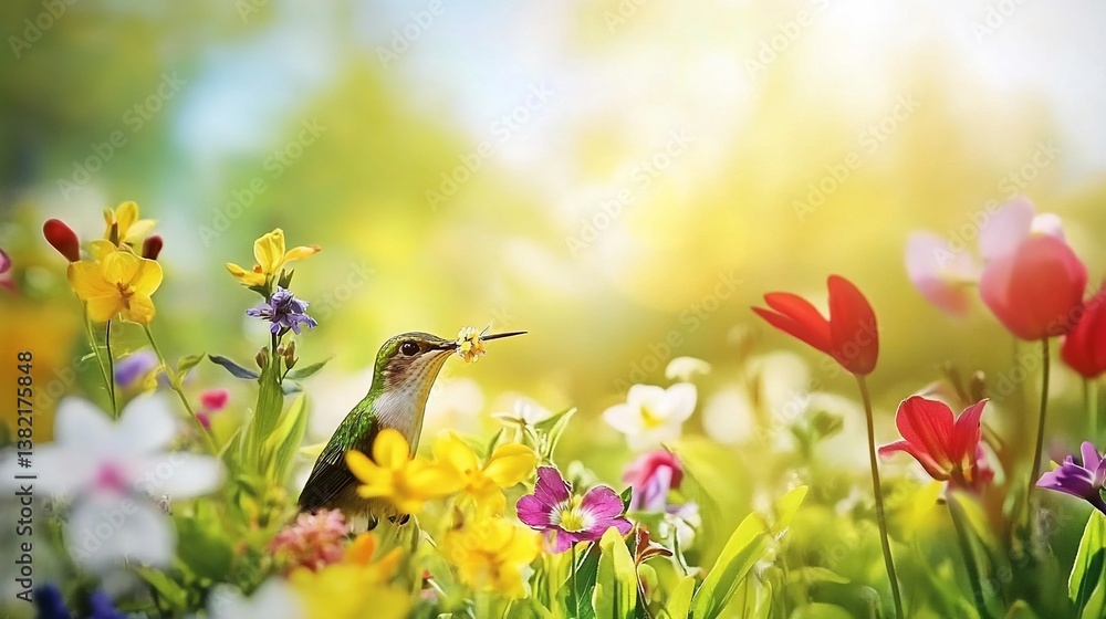 Fototapeta premium Hummingbird in a Vibrant Field of Flowers Bathed in Golden Sunlight